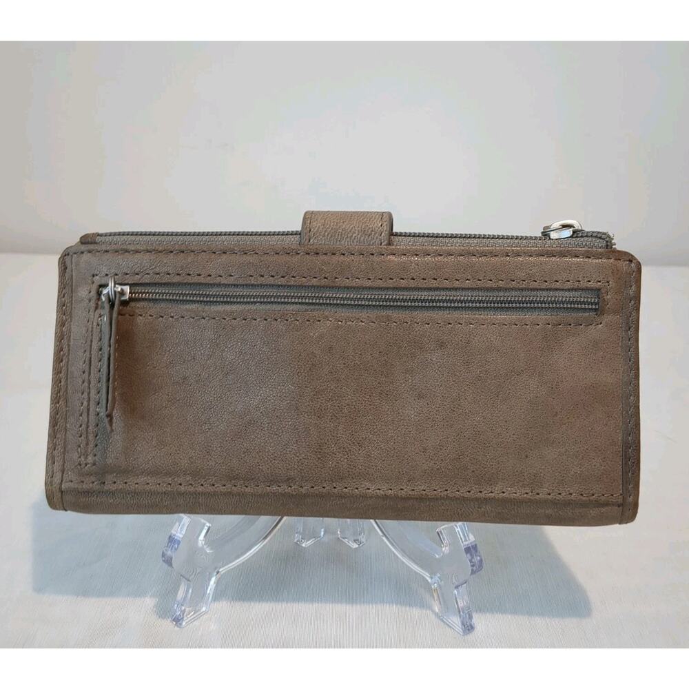 Fossil Brown Womens Fold Wallet Geometric Camera Lamb Leather Zipper Button Logo - Picture 2 of 15